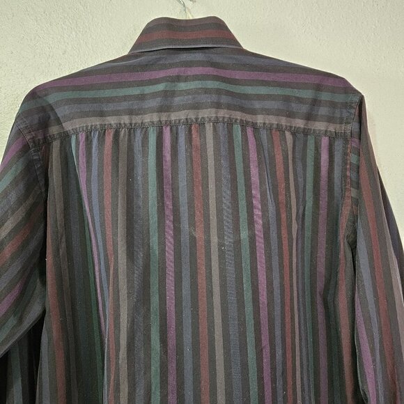 BUGATCHI MEN'S CLASSIC FIT PURPLE BLACK DARK STRIPE SHIRT SZ M - Picture 3 of 7